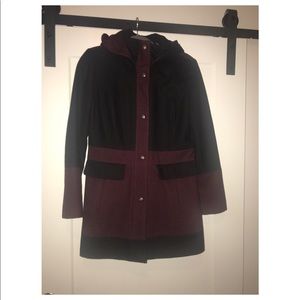 Guess black and burgundy wool blend coat